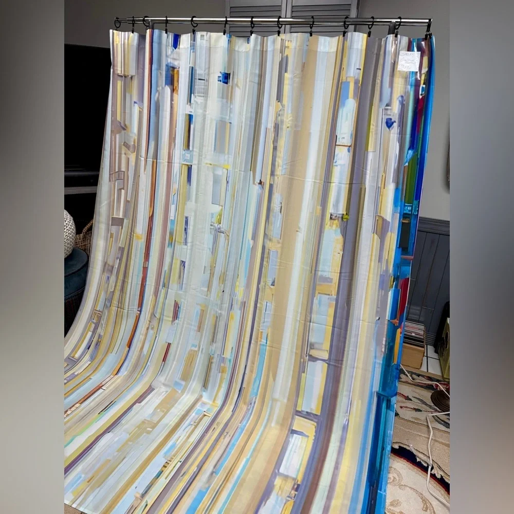 DejaBlueStudios Stained Glass Stripes Shower Curtain 70x93” Blue Yellow XLong